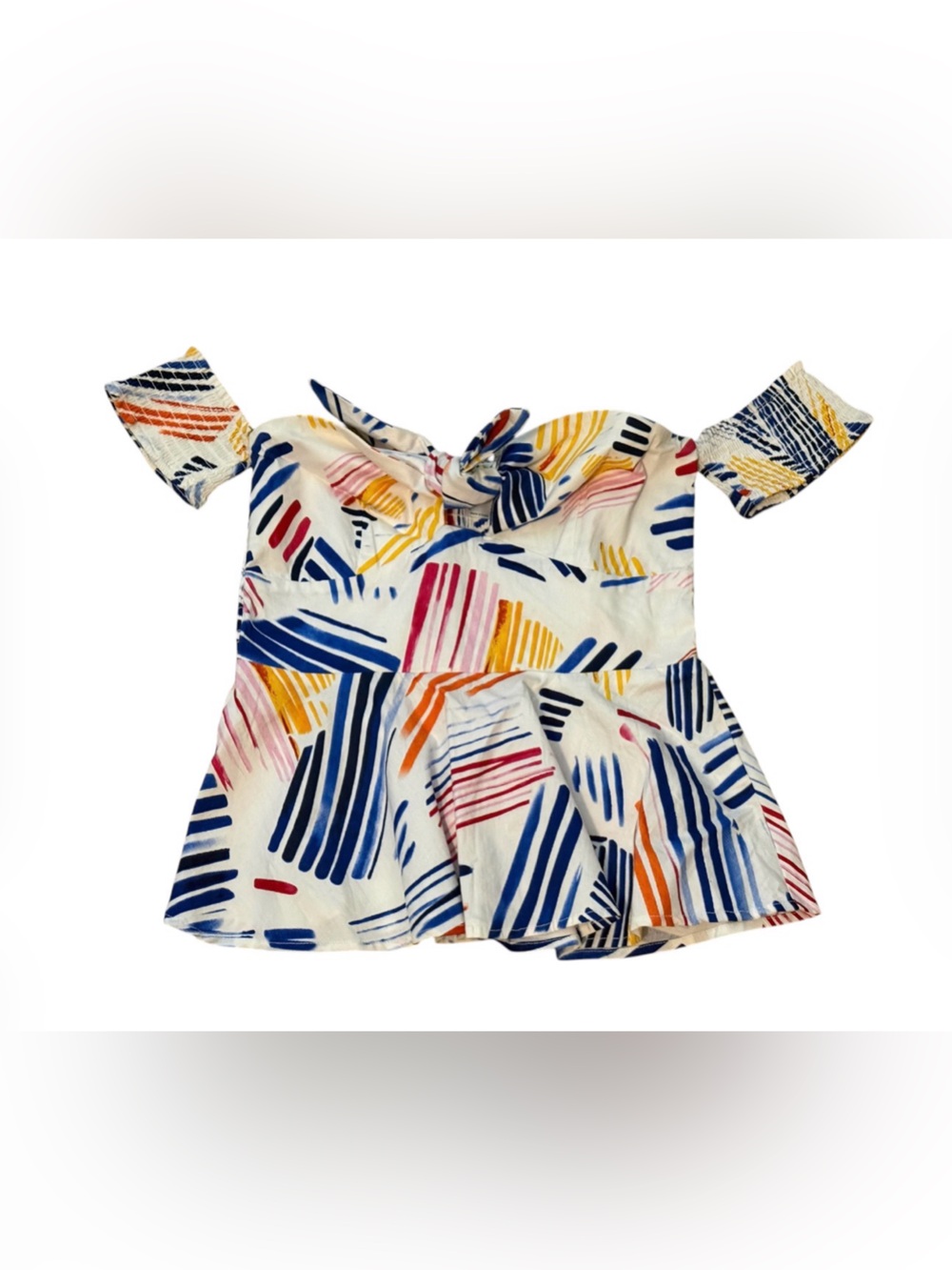 VENUS New White Multi-Color Tie-Front Off Shoulder Peplum Too
